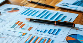 Top view of business financial reports with bar charts, pie graphs, and line analytics on a wooden desk. Laptop, notebook, glasses, and coffee cup in office setting. Concept of finance, data analysis.