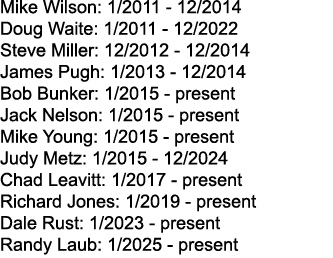 Mike Wilson: 1/2011 12/2014 Doug Waite: 1/2011 12/2022 Steve Miller: 12/2012 12/2014 James Pugh: 1/2013 12/2014 Bob B...