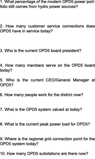 1. What percentage of the modern OPD5 power portfolio still comes from hydro power sources? 2. How many customer serv...