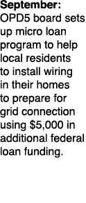 September: OPD5 board sets up micro loan program to help local residents to install wiring in their homes to prepare ...