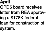 April OPD5 board receives letter from REA approving a $178K federal loan for construction of system. 