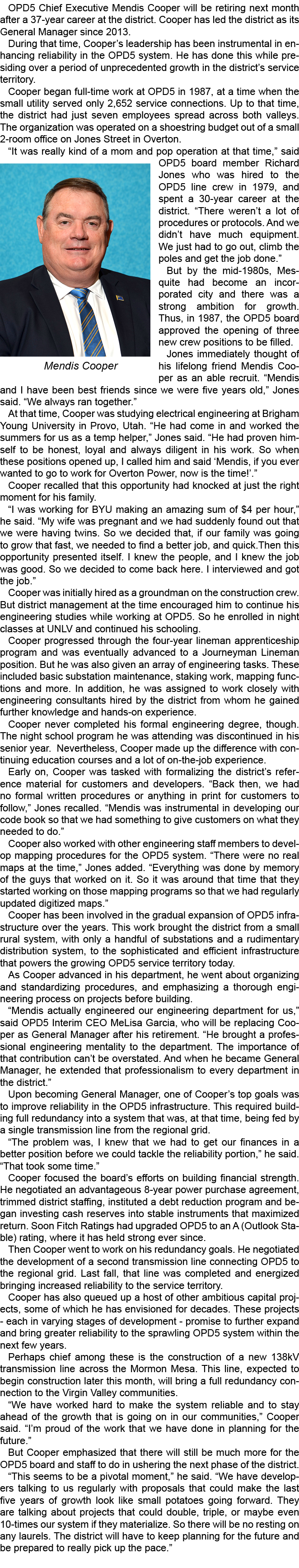 OPD5 Chief Executive Mendis Cooper will be retiring next month after a 37 year career at the district. Cooper has led...