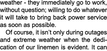 weather they immediately go to work, without question; willing to do whatever it will take to bring back power servic...