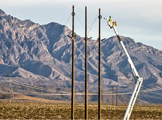 A man is working on a power line in a desert landscape. AI generated content