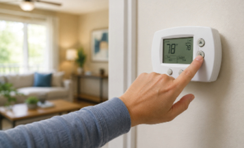 A person wearing a long-sleeve shirt is adjusting the temperature on a digital thermostat mounted on a wall in a cozy living room. Description generated by AI