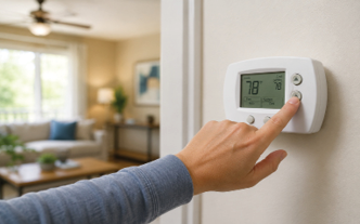 A person wearing a long-sleeve shirt is adjusting the temperature on a digital thermostat mounted on a wall in a cozy living room. Description generated by AI