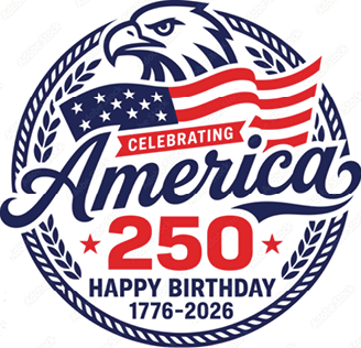 A circular emblem featuring an eagle head, an American flag, and text celebrating America's 250th birthday from 1776 to 2026. Description generated by AI