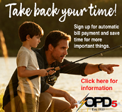 An adult and a child are fishing together by a lake during sunset with text encouraging signing up for automatic bill payment to save time. Description generated by AI
